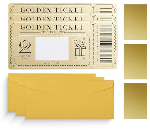 ZWWOGE 3 Carte à gratter Golden Ticket avec enveloppe,ticket surprise à gratter et à révéler pour écrire votre propre spécial pour anniversaire, cadeaux pour petite amie,carte confettis explosion