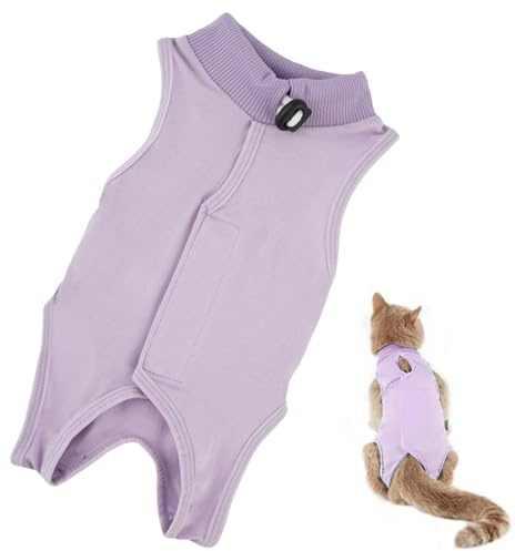 Body pour Chat,Body Chat Post Operatoire Femelle Male,Gilet de Récupération de chat,Combinaison de Récupération Anti Léchage pour Animaux,Cat Restauration Convient Plaie Abdominale Maladies (Violet,S)