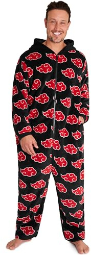 NARUTO Pijama Entero Hombre Invierno, M-3XL, Mono Polar Anime con Capucha y Cremallera, Regalos Anime Hombres y Adolescentes (2XL, Negro/Rojo)