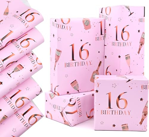 QRTDXP Pink Gift Wrapping Paper Sheets for 16th Birthday,5pcs 50 * 70cm Large 16th Birthday Paper, Pink Eco-friendly Gift Wrap Perfect for Girls Woman