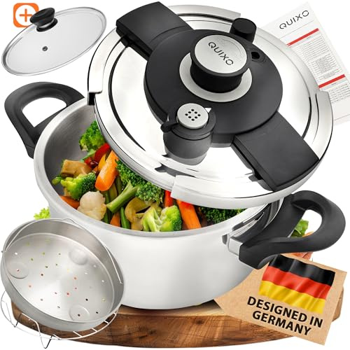 QUIXO Schnellkochtopf 4L VitaSmart mit Garkorb + Glasdeckel + Kochzeitsignal für alle Herdarten [NEU mit Füllmengenmarkierung] Dampfkochtopf mit 2 Garstufen