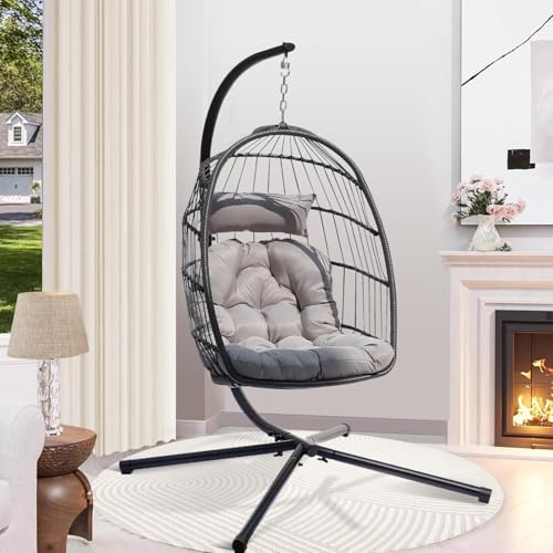 Veathzet Fauteuil Suspendu avec Support, fauteuils œufs d'intérieur et d'extérieur, Fauteuil hamac Pliable en rotin avec Coussin d'appui-tête pour terrasses, Jardins, Chambres à Coucher, balcons