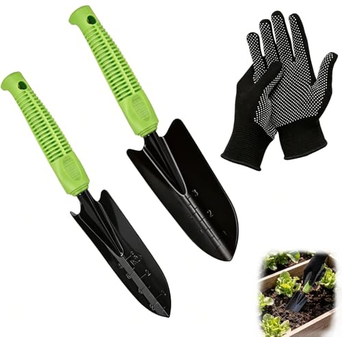 2 Stück Schaufel Garten mit Schwarze Handschuhe, Metall Gartenschaufel Klein, Tragbar Handschaufel, Blumenkelle zum Umpflanzen von Setzlingen Jäten und Auflockern (Schwarz 1)