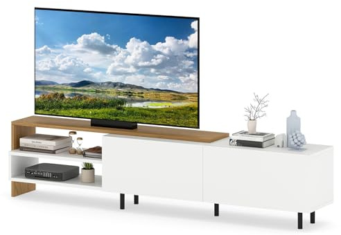 COSTWAY Mobile TV Soggiorno Fino a 80, Tavolino Porta TV 181 cm, con Scaffali, 2 Armadi, Gambe in Metallo, Consolle TV per Soggiorno, Camera da Letto e Ingresso
