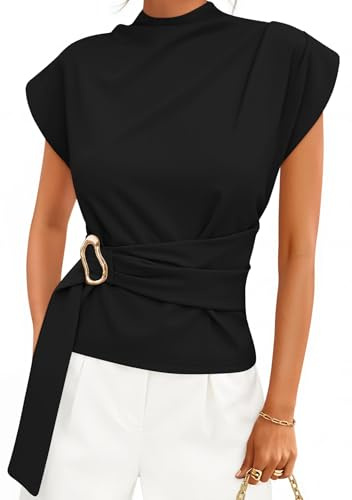 ZESICA Women's 2026 Summer Cap Sleeve Blouse Mock Neck Business Casual Tops Spring Dressy Tunic Work Shirts Black Large