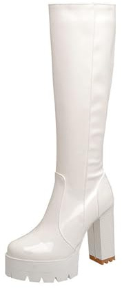 WOkismD Stivali alla Moda da Donna in Vernice, al Ginocchio, con Plateau, Suola carrarmato, Tacco Largo a Blocco e Cerniera Laterale,Bianca,42 EU