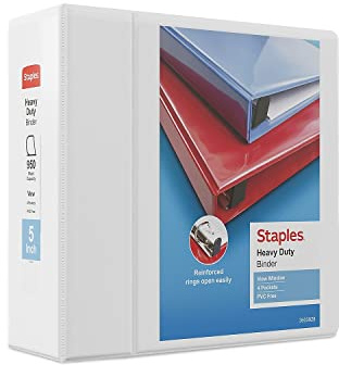 Staples Heavy-Duty 5-Inch D-Ring View Binder, Extra Large Capacity Holds Up to 1,000 Sheets, White, for Office & Archiving