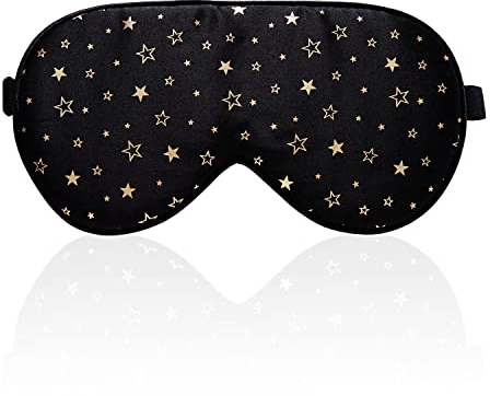 Mascherina per dormire, con cinghia regolabile, comoda e super morbida, in 100% seta, eccellente aiuto per dormire, motivo: stelle dorate