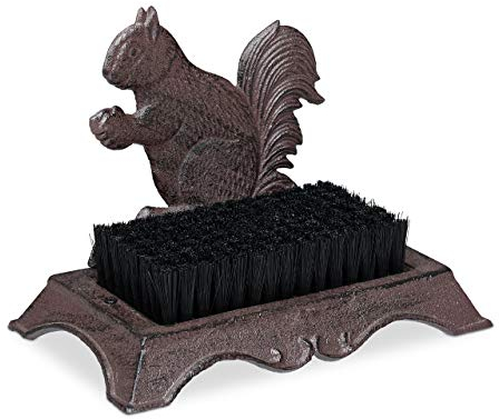 Relaxdays Spazzola per Scarpe, in Ghisa, Design a Scoiattolo, Setole Rigide, Stile Antico, da Esterno, Marrone