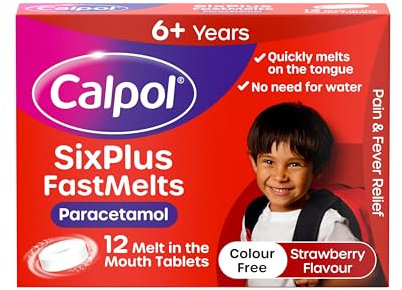 Calpol SixPlus Fastmelts Paracetamol (12 x 250 mg Tablets), Strawberry Flavour Calpol Melts with Paracetamol for Soothing and Effective Fever and Pain Relief, Suitable for Kids from 6 Years