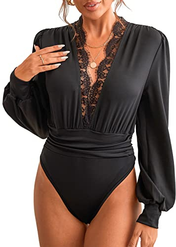 CUPSHE Dambodysuit, djup V-hals, spetskant, långärmad, veck, bodies, ledig långärmad skjorta, overall, blusbody, topp, svart, XS