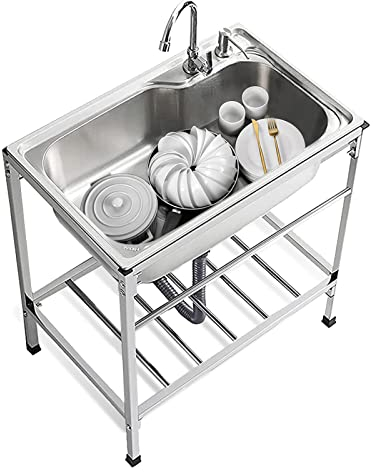 Spültisch mit Edelstahl Spüle,Spüle Campingküche 1 Becken mit heißem kaltem Wasserhahn, Abfluss, Lagerregal, Catering -Waschbecken für das Küchenrestaurant