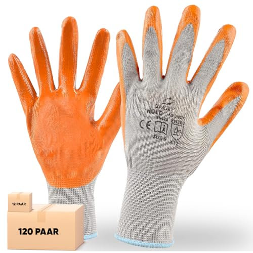 BWOLF HOLD Gants de travail pour homme et femme Gants de mécanicien Gants de montage avec mousse nitrile robuste (gris, 9 (12 paires)