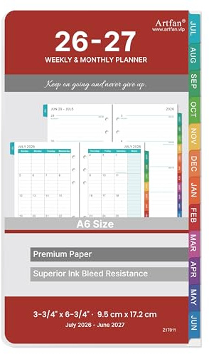 Artfan 2025-2026 Planner Refills - A6 Planner Inserts, 3.75 x 6.75 inch, 6 Holes - Red