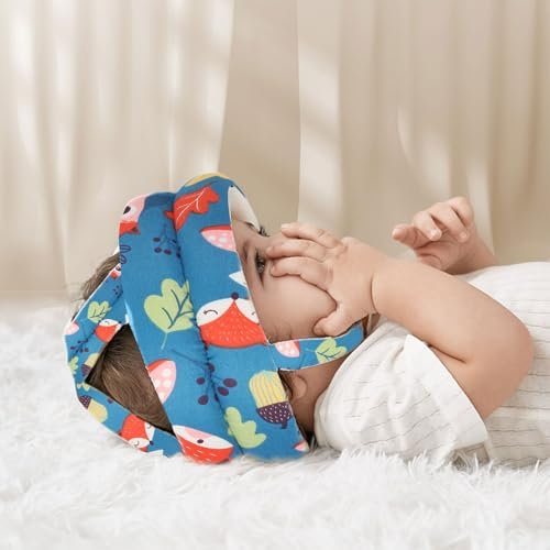 JUNUNDJING Casque Bebe Antichoc Protection, Casque Bébé Anti Choc, Casque Protection Bebe, Casque Anti Chute Bebe, Ajustable, Respirant, Convient Aux Enfants De 6 à 36 Mois, Petit Renard Bleu