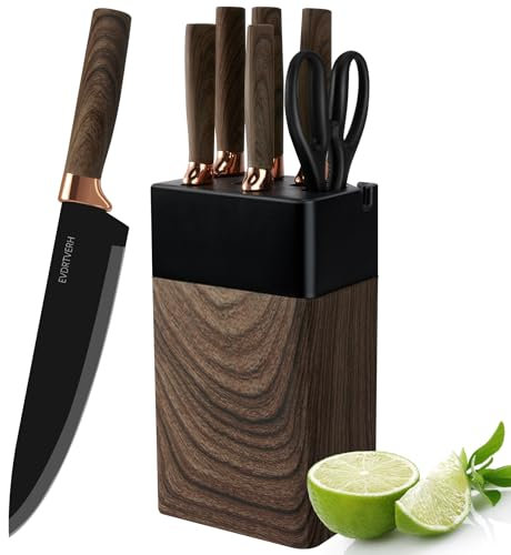 lapelux Knife Set – 6 Piece Kitchen Knives – Kitchen Knife Set with Block, Wood Grain Handle, Stainless Steel Knivese with Chef, Bread Knife,for Cutting Meat/Vegetables/Fruit