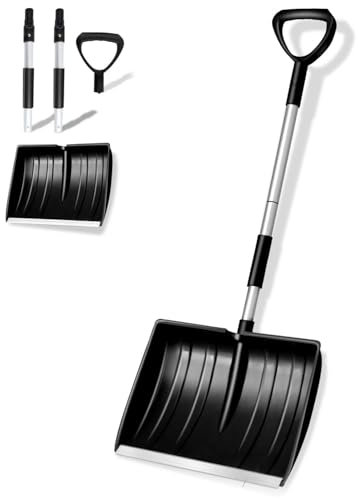 Qcdou Große Schneeschaufel, 41cm breit mit ergonomischem Aluminium-Stiel und D-Griff, Winter Schneeschieber, Schneeräumer, Aluminiumkante Schneeschippe, Spaten im Winter perfekt(B-Schwarz