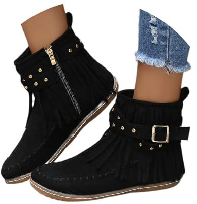 Fringe Stövletter Med Nitar Dam Retro Western Cowboy Stövlar Höst Vinter Mocka Stövlar Med Spänne Fritid Platta Ankelskor for Utomhusbruk(Black,37 EU)