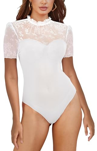 SEBOWEL Spetsbody för kvinnor, sexig, långärmad, nätbodysuit, spets, v-ringad, elegant, transparent topp, A-vit, XXL