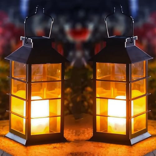 Joysing Solarlampen für Außen Hängend 2 Stück Solar Laternen für Draußen, Wasserdicht Solar Laterne Gartendeko mit Flacker Effek, Solarlaterne Weihnachtsbeleuchtung für Patio Garten Weihnachten Deko