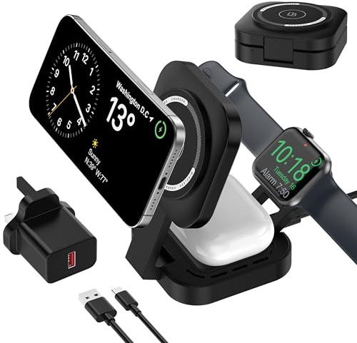 Carga inalámbrica 3 en 1 para Apple Dispositivo, Mini Estación Carga Plegable para iPhone 17/Air/16/15/14/13/12 Serie, Apple Watch Serie y AirPods Pro/2/3/4(Adaptador Incluido) (Negro)