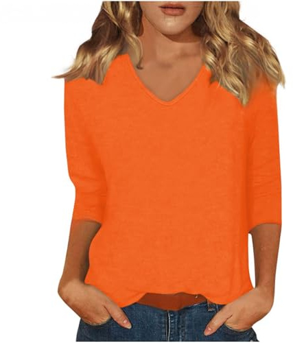 Dyhxuan T-shirt basique pour femme - Manches 3/4 - Col en V - Décontracté - Léger - Pour l'été - Couleur unie - Coupe ample - Manches trois-quarts - Doux et confortable