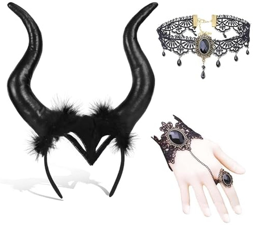 Dryxog 3 Pièces Bandeau Corne Démon Diable Noir Serre Tête avec Chocker Dentelle Deguisement Role Play pour Accessoire Gothique Décoration Role Play Cosplay Femme Fille Carnaval