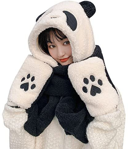 Generisch Cappello da donna in pile tre in uno con paraorecchie, sciarpa lunga, guanti, antivento, set da equitazione da sci, cappello invernale, sciarpa, borsa, muffole, set con motivi panda, a