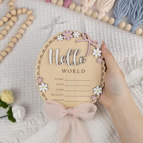 Cartel de anuncio de nacimiento “Hello World” en madera con soporte y rotulador, tarjetas de hitos de madera para bebé, sesiones de fotos newborn, regalos para bebés y actividades de baby shower