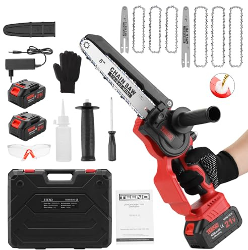 TEENO Tronconneuse a Batterie, Mini Tronçonneuse Électrique 6&8 Pouces 2-en-1, Kit avec 6 Chaînes (3×6+3×8), Moteur Sans Balais, 2×4000mAh, 5500 tr/min, Portable pour Jardin, Taille Haie, Bois