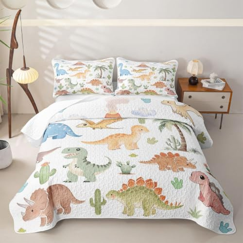 Loussiesd Tecknat dinosaurie, quiltat överkast, dubbel storlek, djungel dino 3 delar, sängöverkast, set för alla årstider, vilda djur, sängkläder, barn, pojkar, flickor, vuxna, täcke