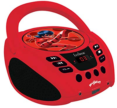 Lexibook Miraculous Boombox CD-Player, Mikrofonanschluss, AUX-Eingangsbuchse, AC-Betrieb oder Batterie, RCD108MI, rot