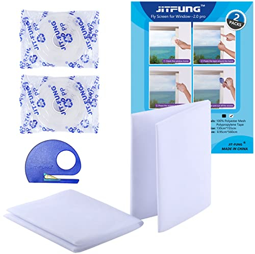 JIT-FUNG DIY Fly Screen for Windows, 2 Packs of Mosquito Net Insect Mesh 130x155CM with 2 Rolls [UPGARDE] Self-Adhesive Tapes & Cutter, White (Honeycomb, Set of 2)