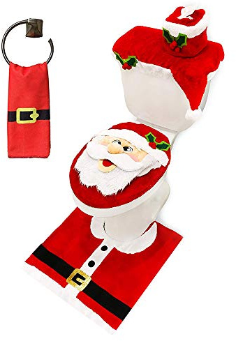JOYIN Juego de 5 Decoración de Baño de Navidad Creativo Santa WC Asiento y Alfombra y Tejido Caja Conjunto Regalo