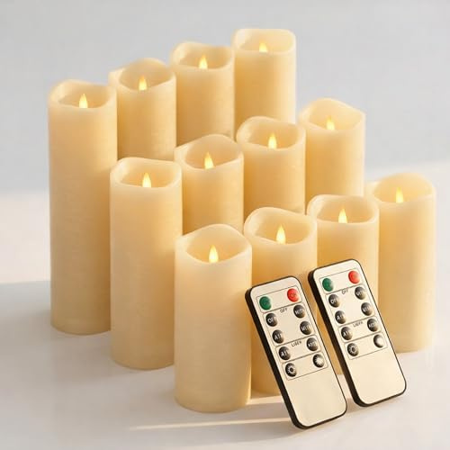 Waterproof Flameless Candles, 12 PC Battery Operated LED Pillar Candles with 2 Remote Controls & Timer, Flickering Indoor Outdoor Candles for Wedding, Patio, Easter, Bathroom, Home Decor, 4''5''6''