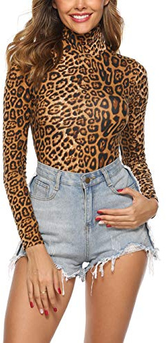 Queen.M Women's Basic Solid Bodysuit Turtleneck Leotard Top Long Sleeve Bodycon Jumpsuit Stretchy Romper (Leopard Brown, XL)