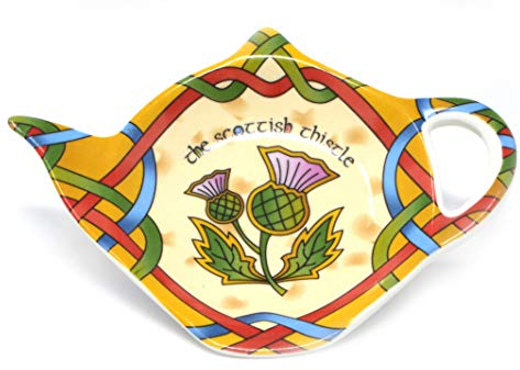 Royal Tara Soporte para bolsitas de té con forma de tetera escocesa de porcelana china con cardo escocés de 15 cm de ancho