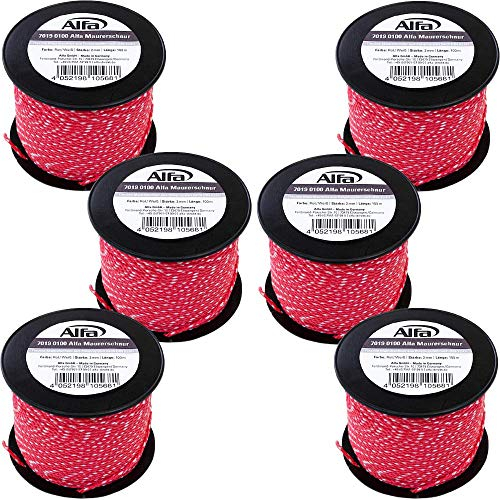 6X Alfa Maurerschnur Rot 100 m Länge Ø 2,0 mm Profi-Qualität Polypropylen rund geflochten Reißfest & Belastbar Richtschnur Bauschnur Lotschnur Pflasterschnur