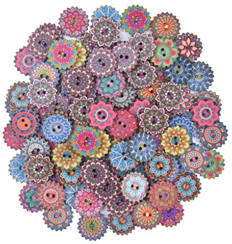 Chstarina 100 Piezas botones de madera aleatorios mixtos retro de 20 mm Botones de flores con 2 agujeros para coser decoraciones artesanales de bricolaje (botones de flores)