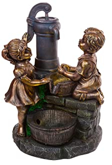 Zimmerbrunnen mit LED Leuchten, 74cm hoch, Springbrunnen für Innen und Außen in verschiedenen Designs, Frosch, Elfe, Kinder, Krüge (Brunnen 16 Kinder)