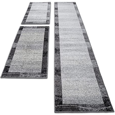 oKu-Tex Teppich | Webteppich | fürs Schlafzimmer | Bettumrandung 3er Set | Hellgrau Modern | geometrisches Design | Öko-Tex 100 |2 mal 67 x 140 cm, 1 mal 67 x 340 cm, 30181grau067620