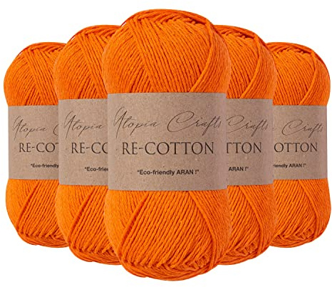 Utopia Crafts Re-Cotton Strickgarn, 5 x 100 g, (Kürbisorange), Pumpkin Orange