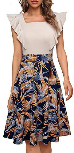 HOMEYEE Vestido de Cóctel de Fiesta Floral hasta la Rodilla Rockabilly con Mangas con Volantes y Bolsillos para Mujer A312 (S, Beige + Flores)