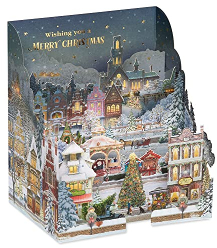American Greetings Pop Up Christmas Card, Magic Moments Displayable 3D Wintery Christmas Village Scene-Designed by Jacquie Lawson (And Happy New Year)