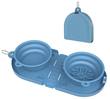 Faltbarer Hundenapf Reisenapf Hund Faltbare 2-in-1-Wassernapf und Futternapf Mit Karabiner für den Innen- und Außenbereich (Doppelte Schüssel, Blau)