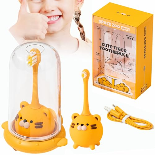 Elektrische Zahnbürste für Kinder Wiederaufladbarer Ultraschall Kinderzahnbürsten Niedliche Tigerform Schallzahnbürste mit 1 Griff|2 Bürstenköpfe|Type-C Ladekabel|2 Timer|3 Modi für Mädchen Jungen