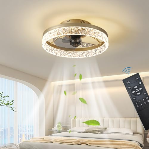 Tyst Takfläktar med belysning Fjärrkontroll, Moderna ljus Fläkt takljus LED Dimbar Takfläktlampa för sovrum Vardagsrum, Fläkt Vändbar och 6 hastigheter (Guld, 40CM)