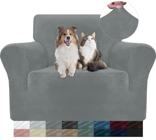 YSTELLAA Terciopelo Fundas Sofa 1 Plaza Elasticas, Gris Claro | Ajustable Fundas para Sillones, Lavable, Universales, Antiarañazos, Gruesa, Antideslizante, Antimanchas