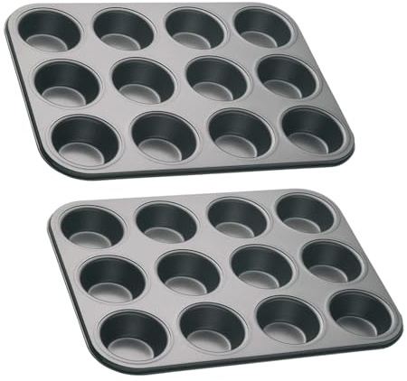 Eidoct 2 Pack 12 Hole Muffin Tray with PFOA Non Stick, Robust 1mm Carbon Steel, 35 x 27cm Cupcake Tin, Non Stick Sturdy Cupcake Baking Muffin Tray Yorkshire Pudding Baking Pan