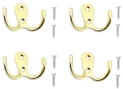 Meiyea 4 Pcs Double Forked Robe Hooks, Gold | Wall Mounted, Vintage Metal, For Bathrooms and Bedrooms, Includes 8 Screws